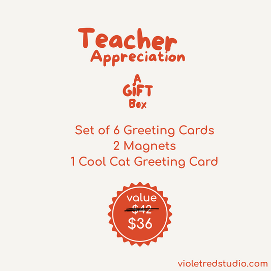 Teacher Appreciation Gift Box – 6 Greeting Cards + 2 Magnets | Cool Cat Card Set | Affirmation Gift for Teachers