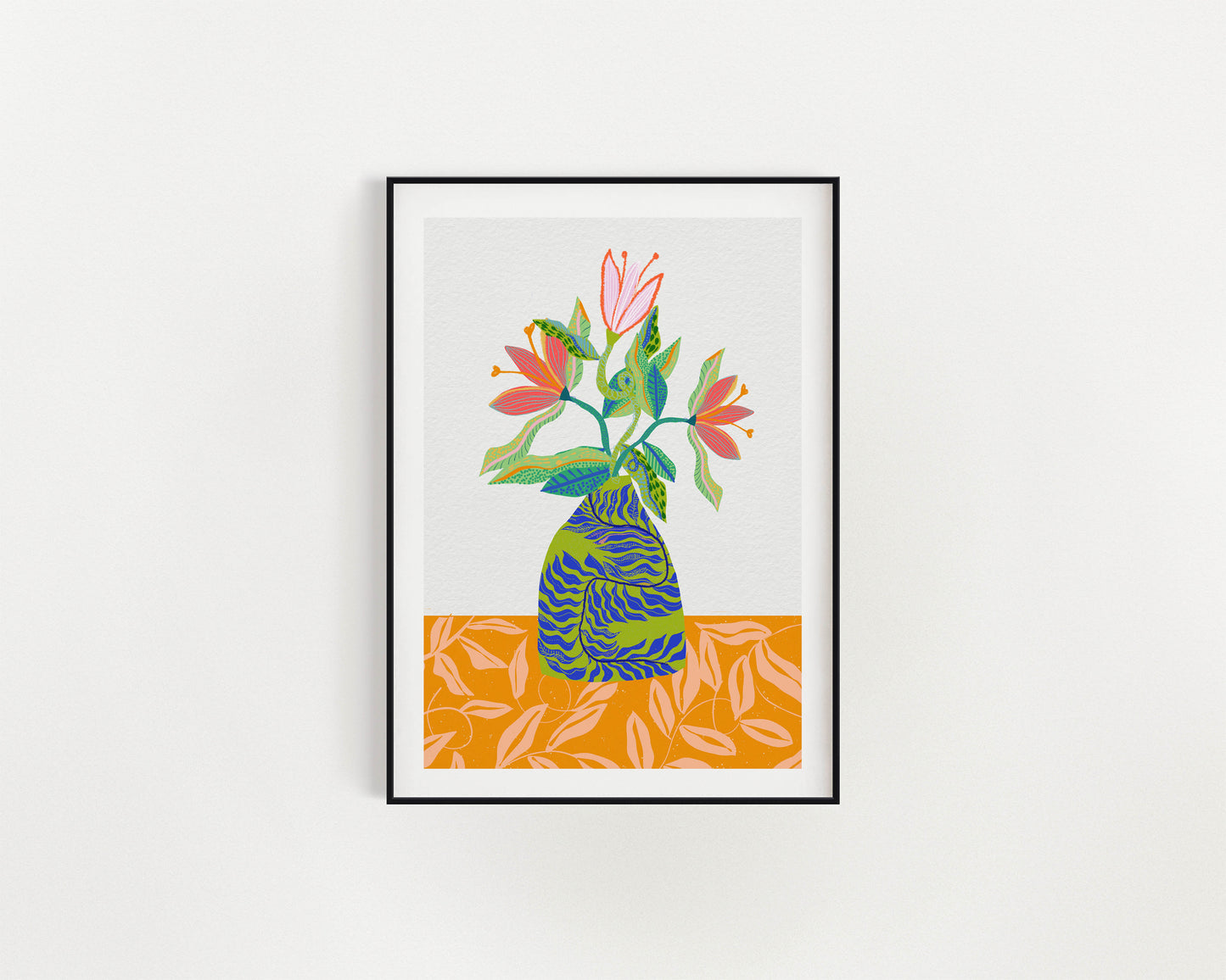 Flower Bouquet Art Print - Botanical Inspired Art, Orange and Blue Wall Art, Cubicle Decor