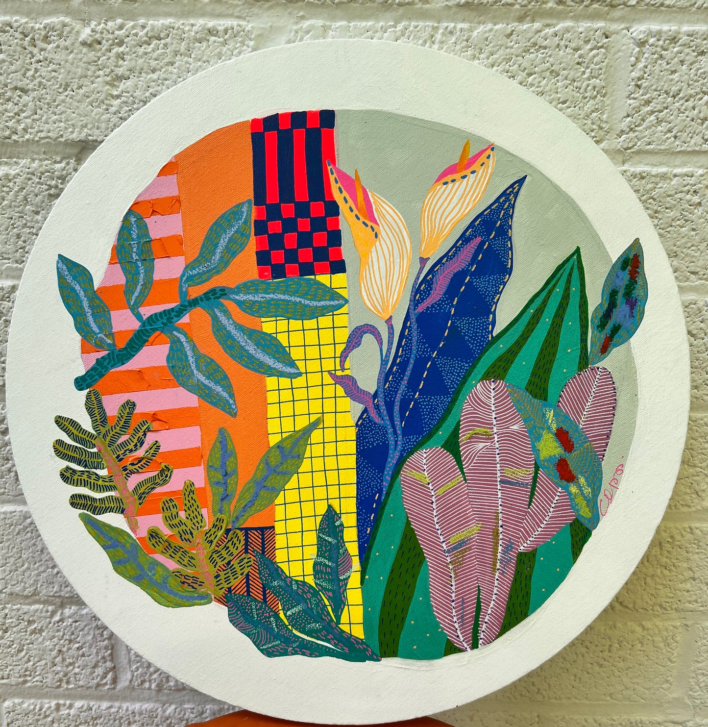 “Sun Garden” – Original Mixed Media Round Canvas (16" Diameter)