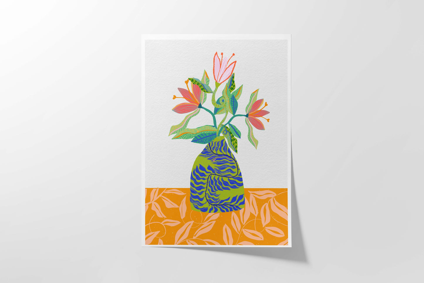 Flower Bouquet Art Print - Botanical Inspired Art, Orange and Blue Wall Art, Cubicle Decor