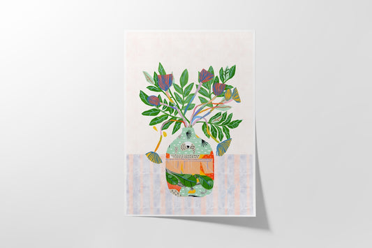 Greeting card with a colorful illustration of a plant in a pot on a white background