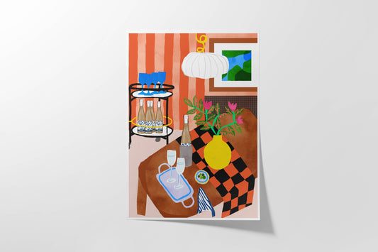 Game Night Bar Cart Art Print – Bold Dining Scene with Albariño Wine, Glasses & Checkered Tablecloth – Dopamine Decor for Wall