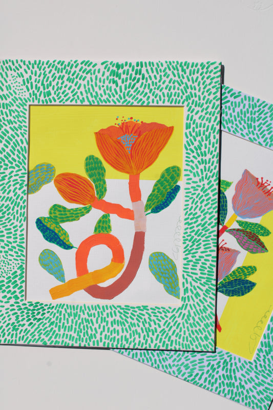 Set of 2 Original Mixed Media Floral Artworks – 11x14” with Hand-Painted Blue Striped Mats