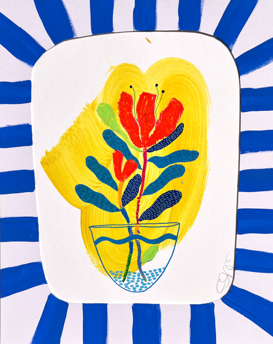 Set of 2 Original Mixed Media Floral Artworks – 11x14” with Hand-Painted Blue Striped Mats