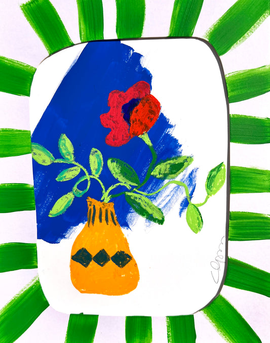 Set of 2 Original Mixed Media Floral Artworks – 11x14” with Hand-Painted Green Striped Mats