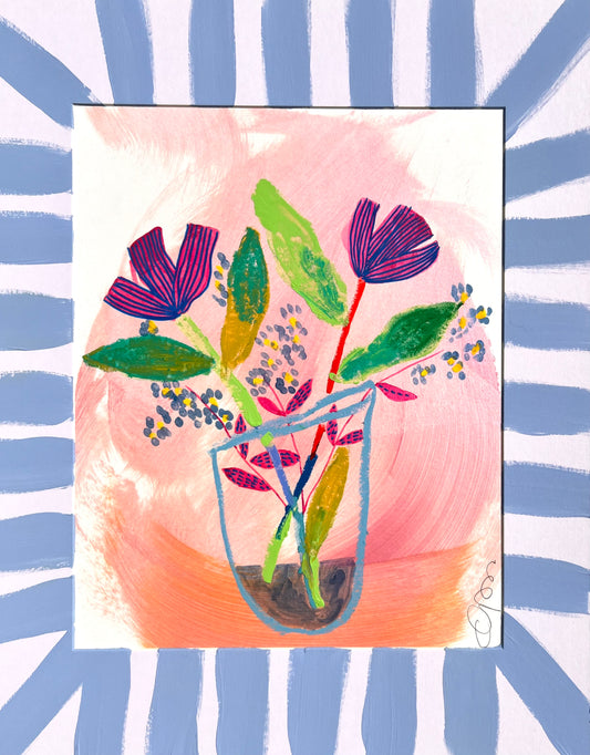 Original Mixed Media Floral Art – 11x14” on Paper with Hand-Painted Mat (Pink & Blue)