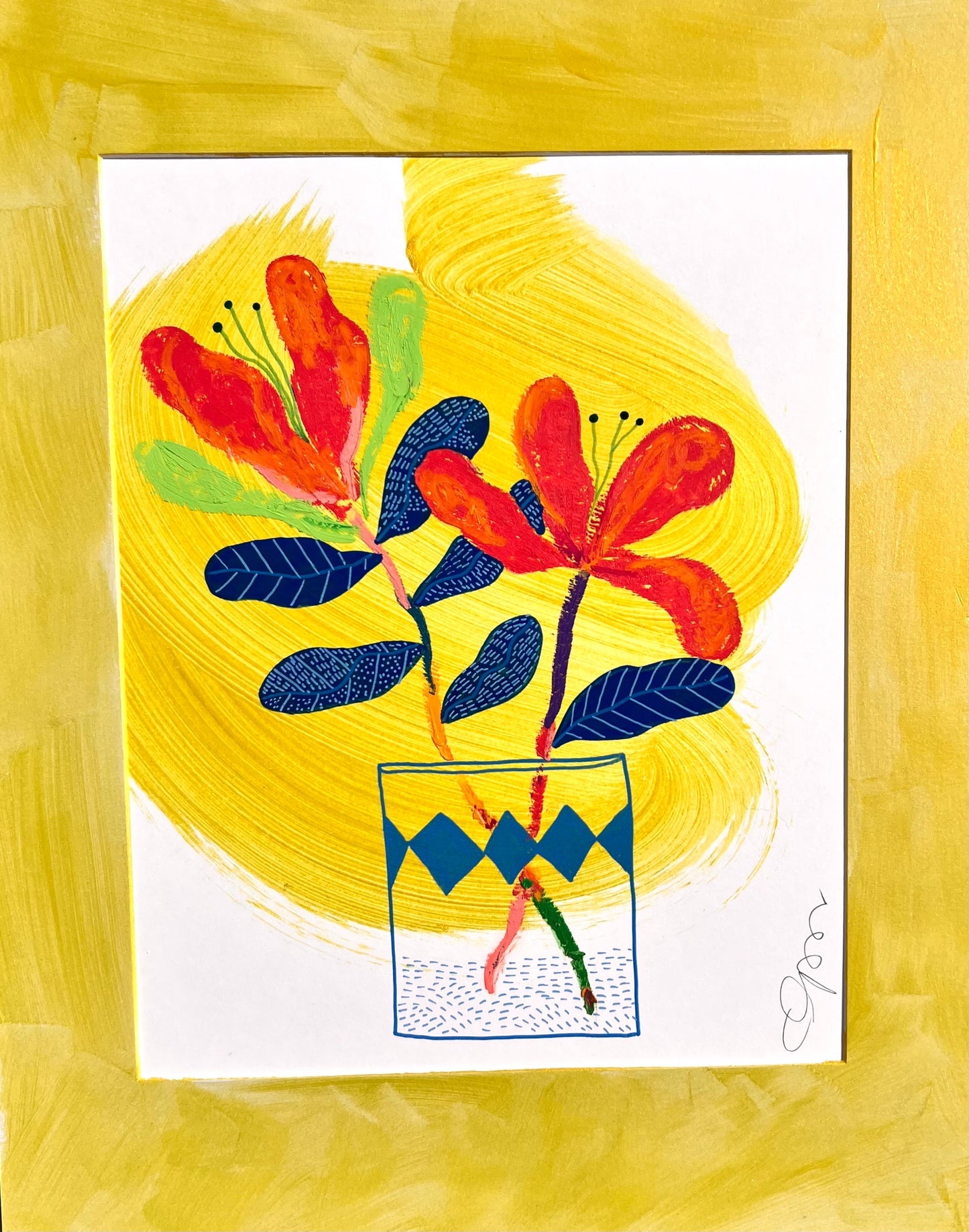 Original Mixed Media Floral Art – 11x14” on Paper with Hand-Painted Mat