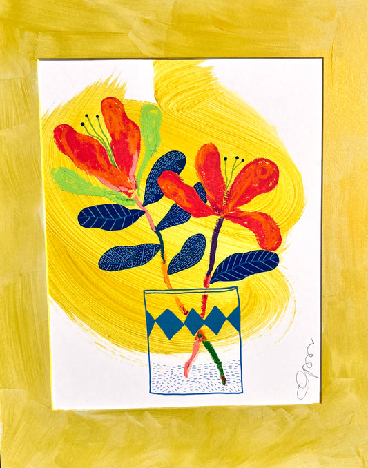 Original Mixed Media Floral Art – 11x14” on Paper with Hand-Painted Mat