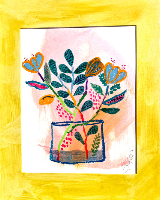 Set of 2 Original Mixed Media Floral Artworks – 11x14” on Paper with Hand-Painted Mats