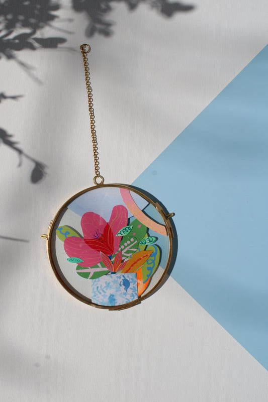 The Flower of Secrets | Collage on Glass Frame | Handmade | Original Art, 5", Flower in Vase Art, Housewarming gift