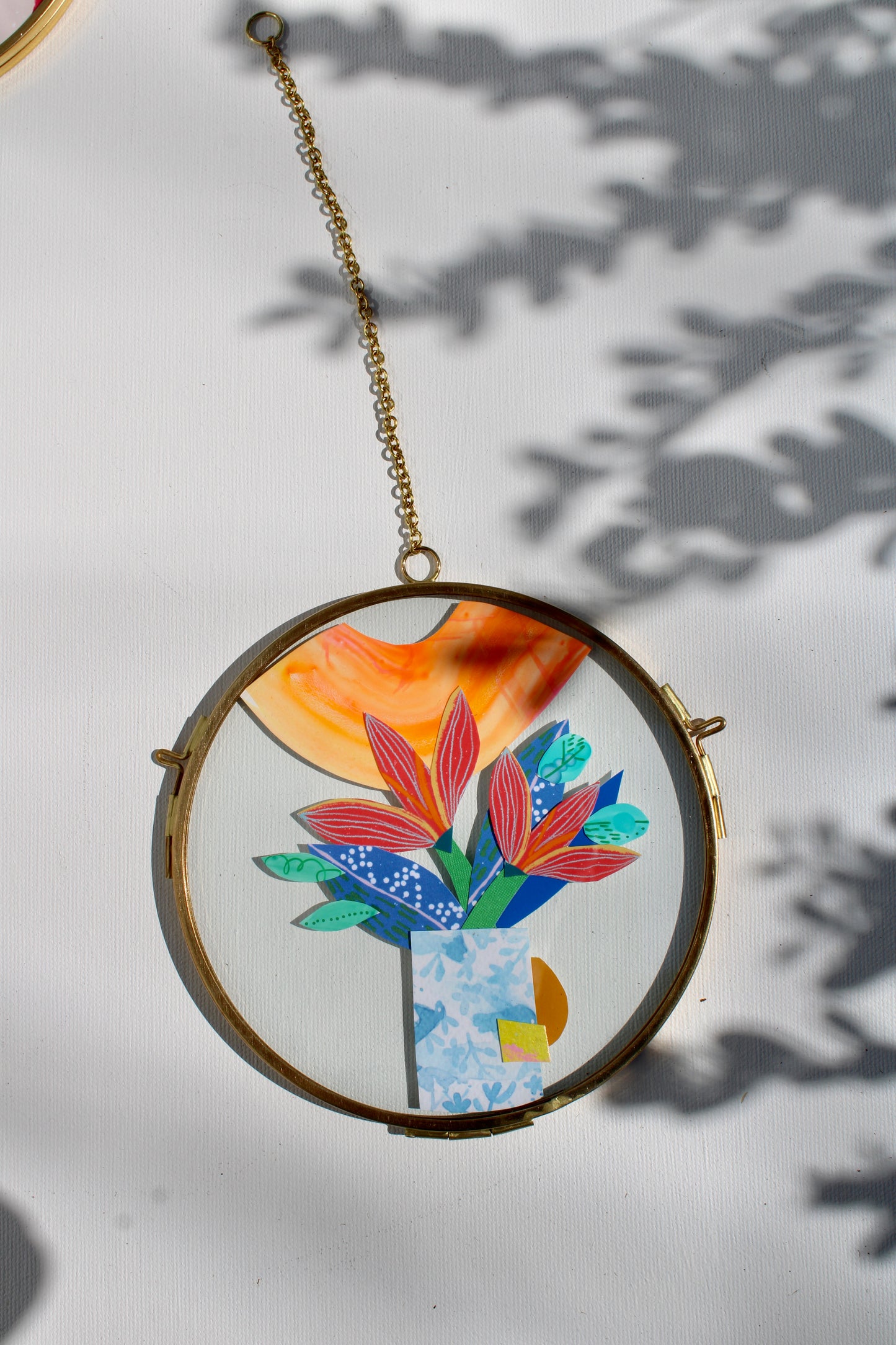 The Flower of Hidden Sparks | Collage on Glass Frame | Handmade | Original Art, 5" Flower in Vase #2, BFF Gift