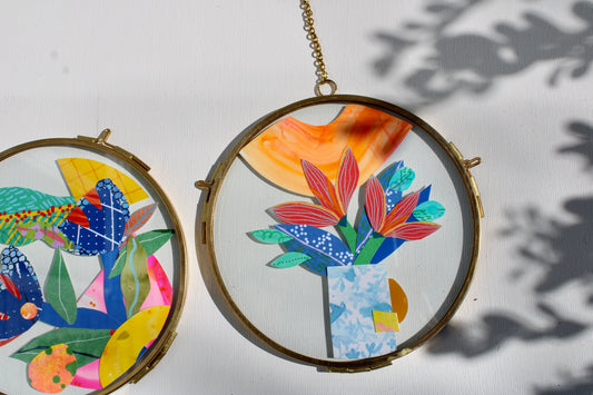 The Flower of Hidden Sparks | Collage on Glass Frame | Handmade | Original Art, 5" Flower in Vase #2, BFF Gift