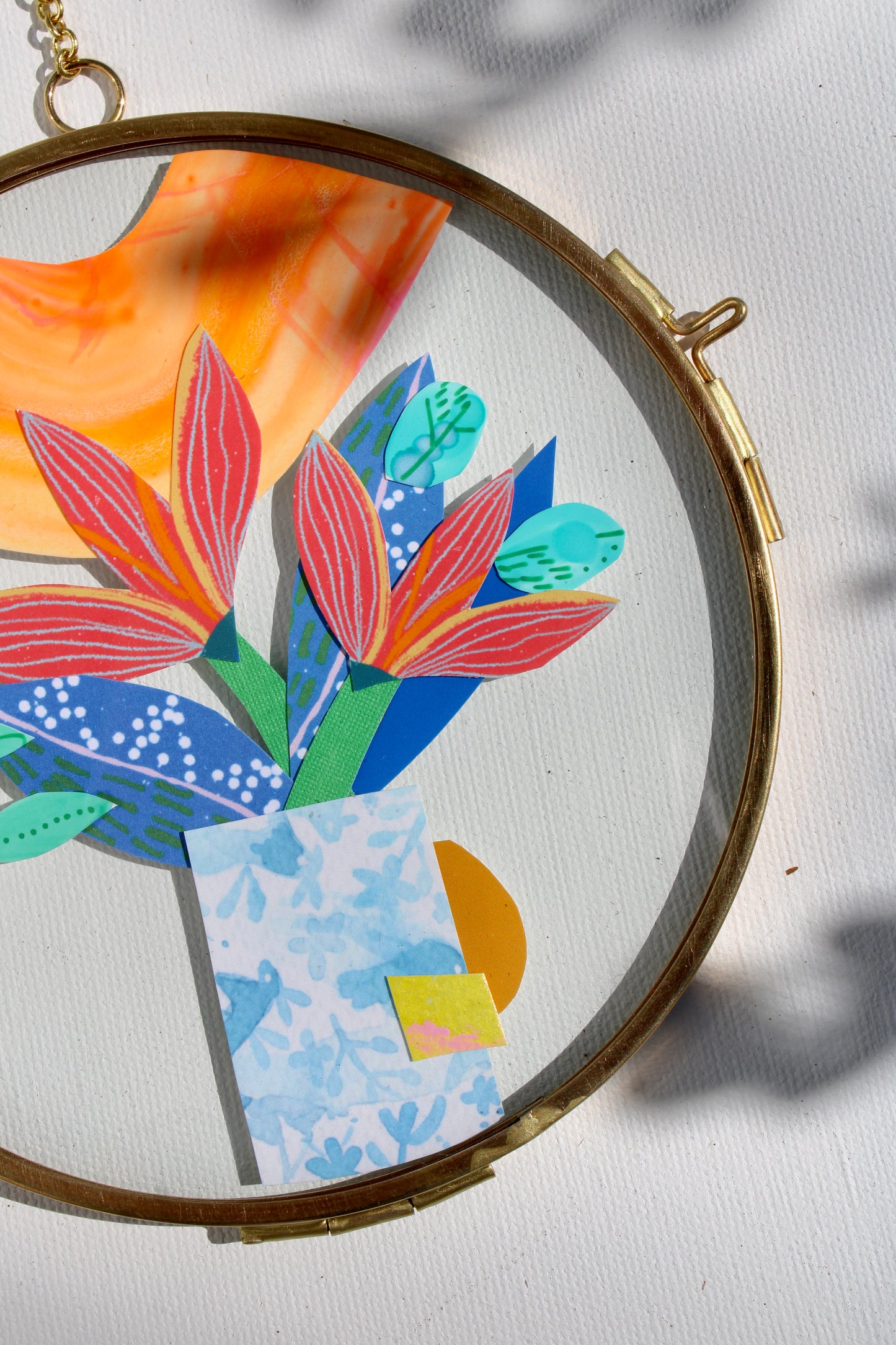 The Flower of Hidden Sparks | Collage on Glass Frame | Handmade | Original Art, 5" Flower in Vase #2, BFF Gift