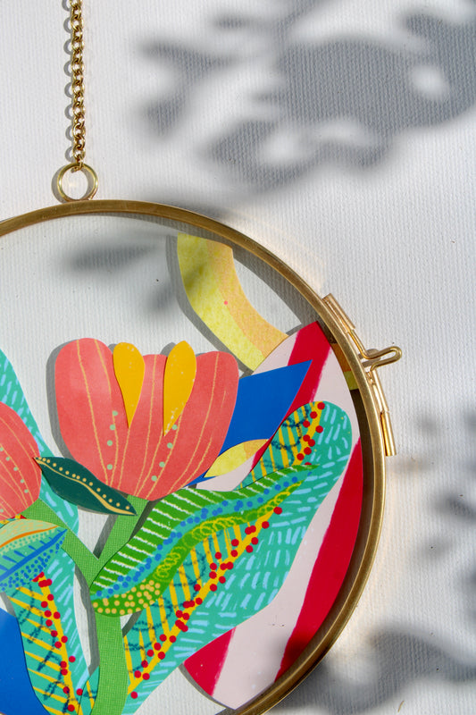 Firecracker | In Bloom | Collage on Glass Frame | Handmade | Original Art, 5", Pink #3l Art | Doble Dancer #6