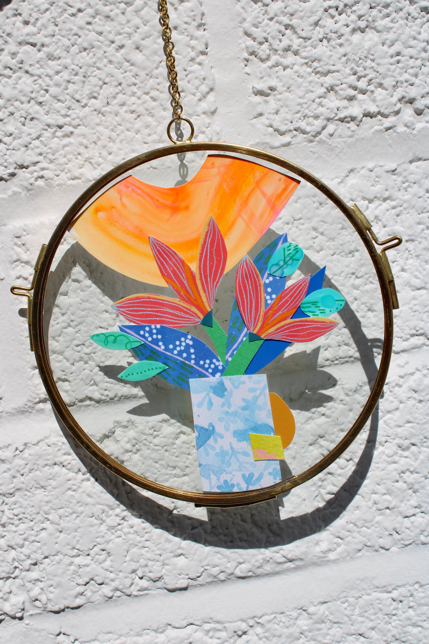 The Flower of Hidden Sparks | Collage on Glass Frame | Handmade | Original Art, 5" Flower in Vase #2, BFF Gift