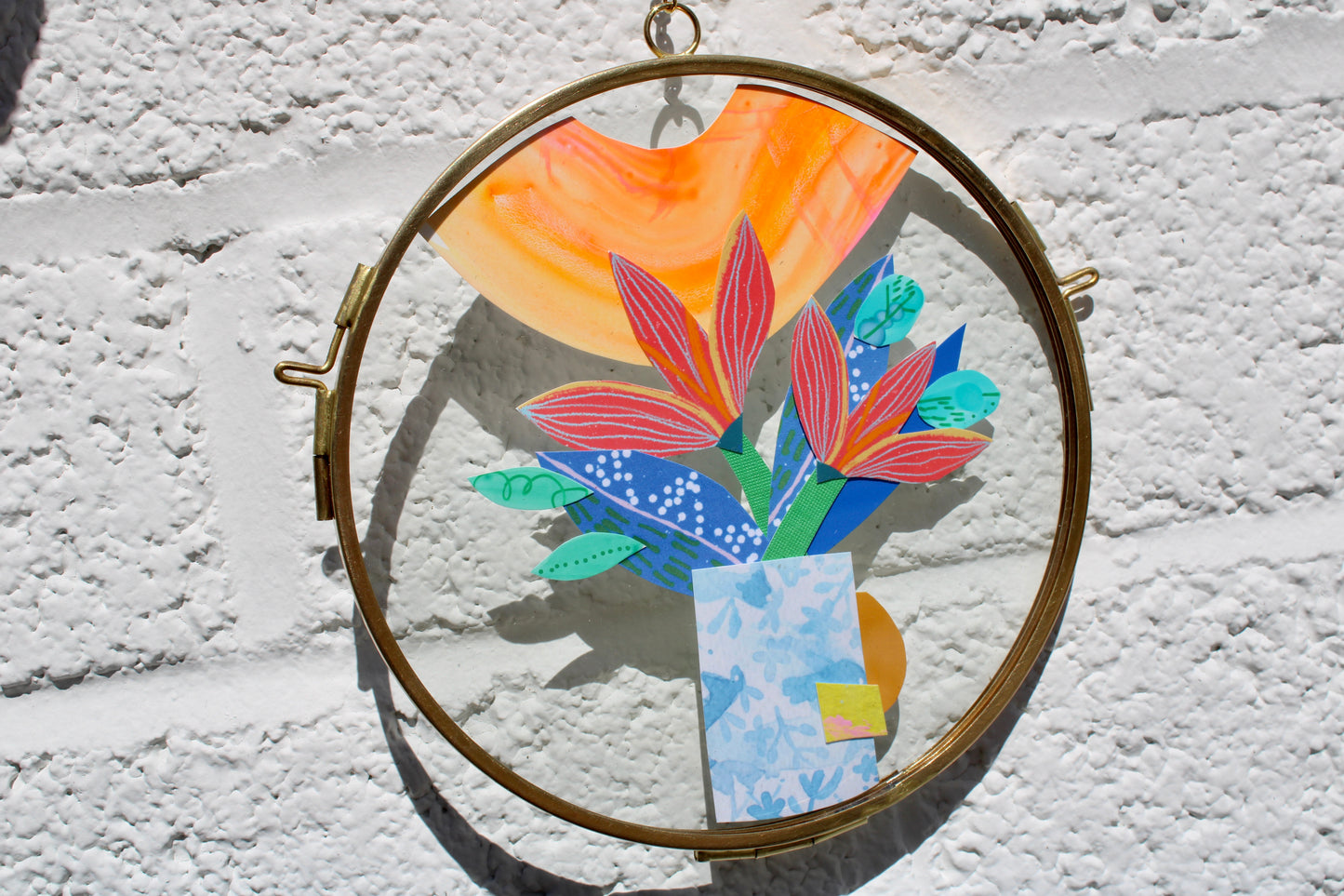 The Flower of Hidden Sparks | Collage on Glass Frame | Handmade | Original Art, 5" Flower in Vase #2, BFF Gift