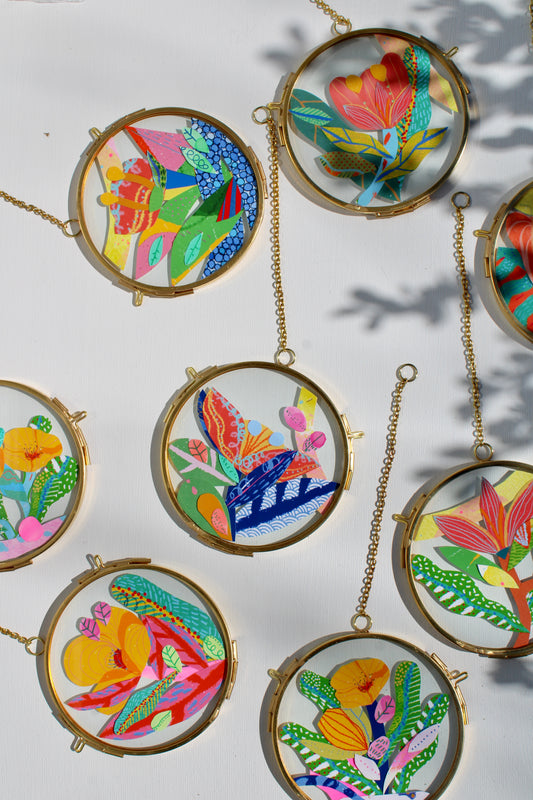 Blue Leaf #1 | Collage on Glass Frame | Handmade | Original Art | 4" Maximalist Art