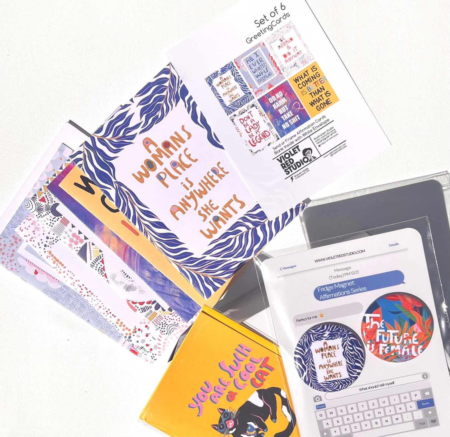Teacher Appreciation Gift Box – 6 Greeting Cards + 2 Magnets | Cool Cat Card Set | Affirmation Gift for Teachers