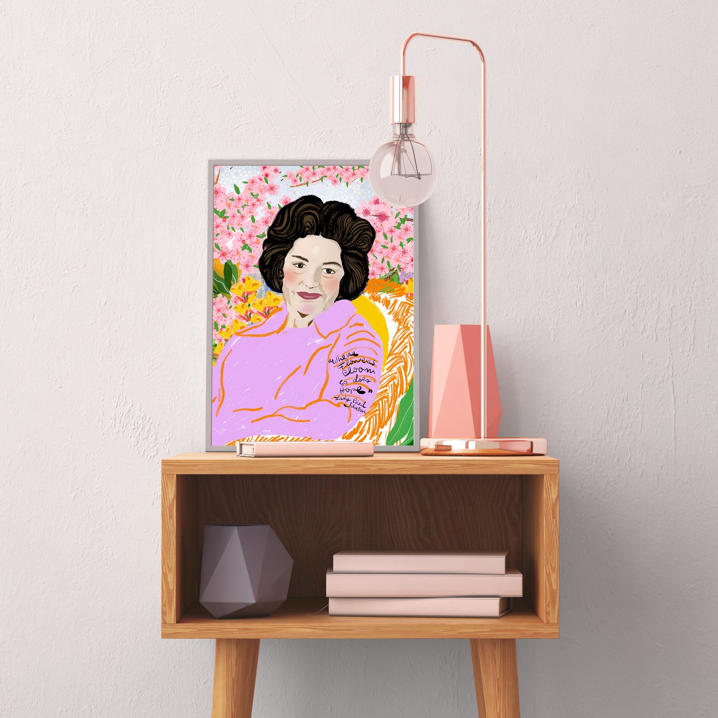 Lady Bird Johnson Art Print – First Lady Portrait Wall Art, Nature Lover Illustration, Inspirational Public Service Decor