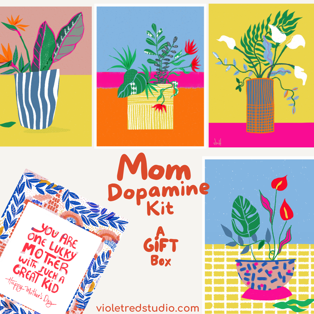 Mother’s Day Art Gift Box – 4 Bold Botanical Prints + Greeting Card | Colorful Wall Art for Mom | Dopamine Decor