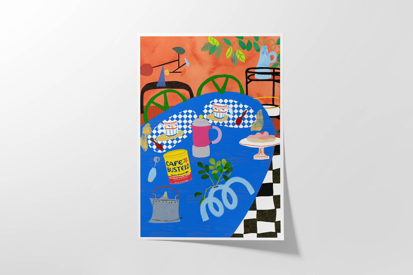 Vibrant Morning Coffee art print featuring a Cafe Bustelo tin, checkered table, and French press. Bold maximalist kitchen wall decor in blue, orange, and yellow