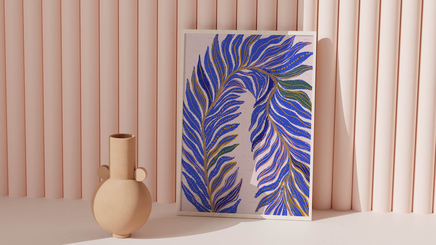 Modern Dorm Room Art – Pink and Blue Abstract Print, Tropical Botanical Poster, Trendy Wall Decor, Office
