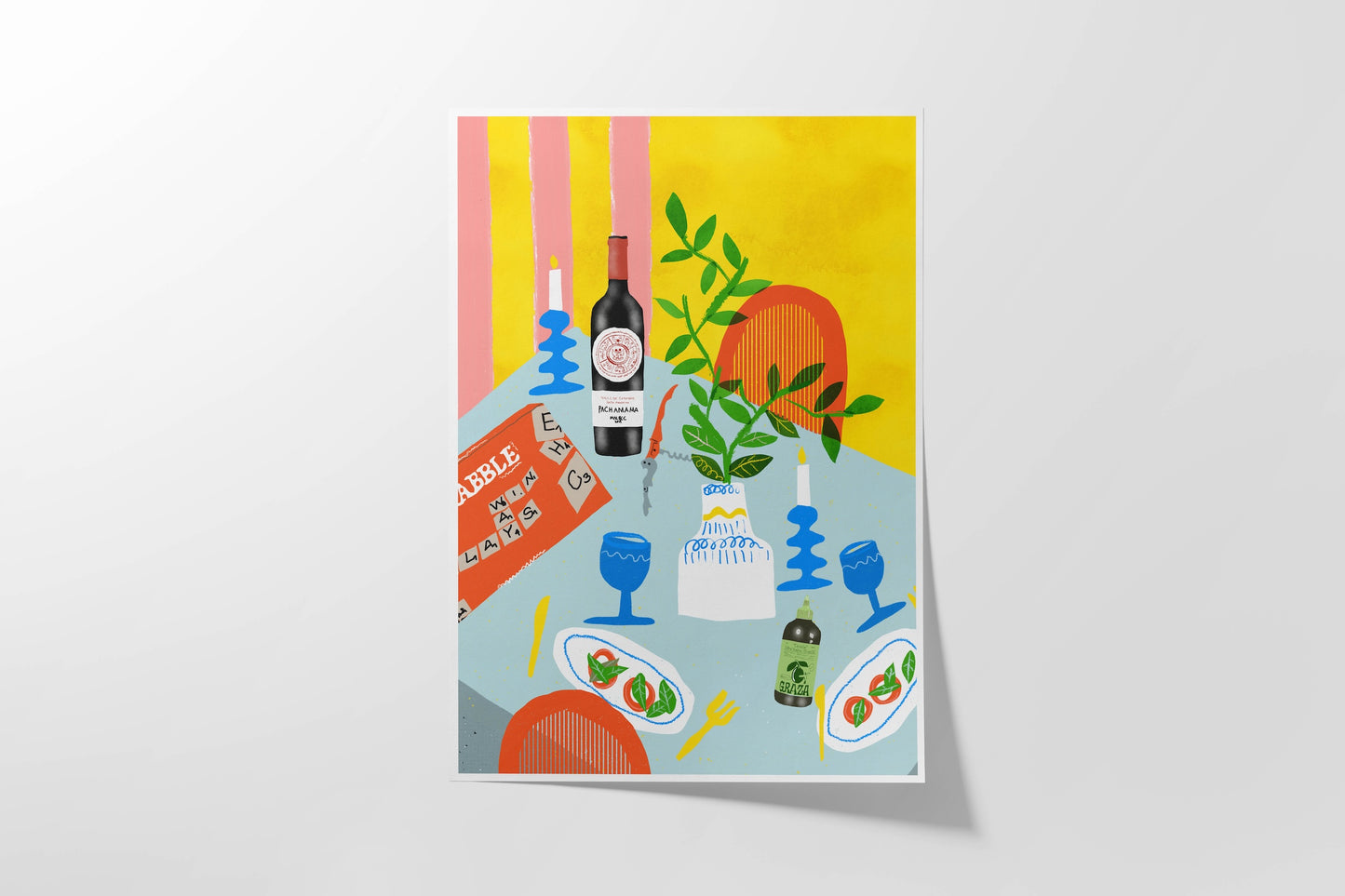Game Night Art Print β Bold Colorful Dining Table with Wine, Candles & Salad β Playful Dopamine Decor Wall Art
