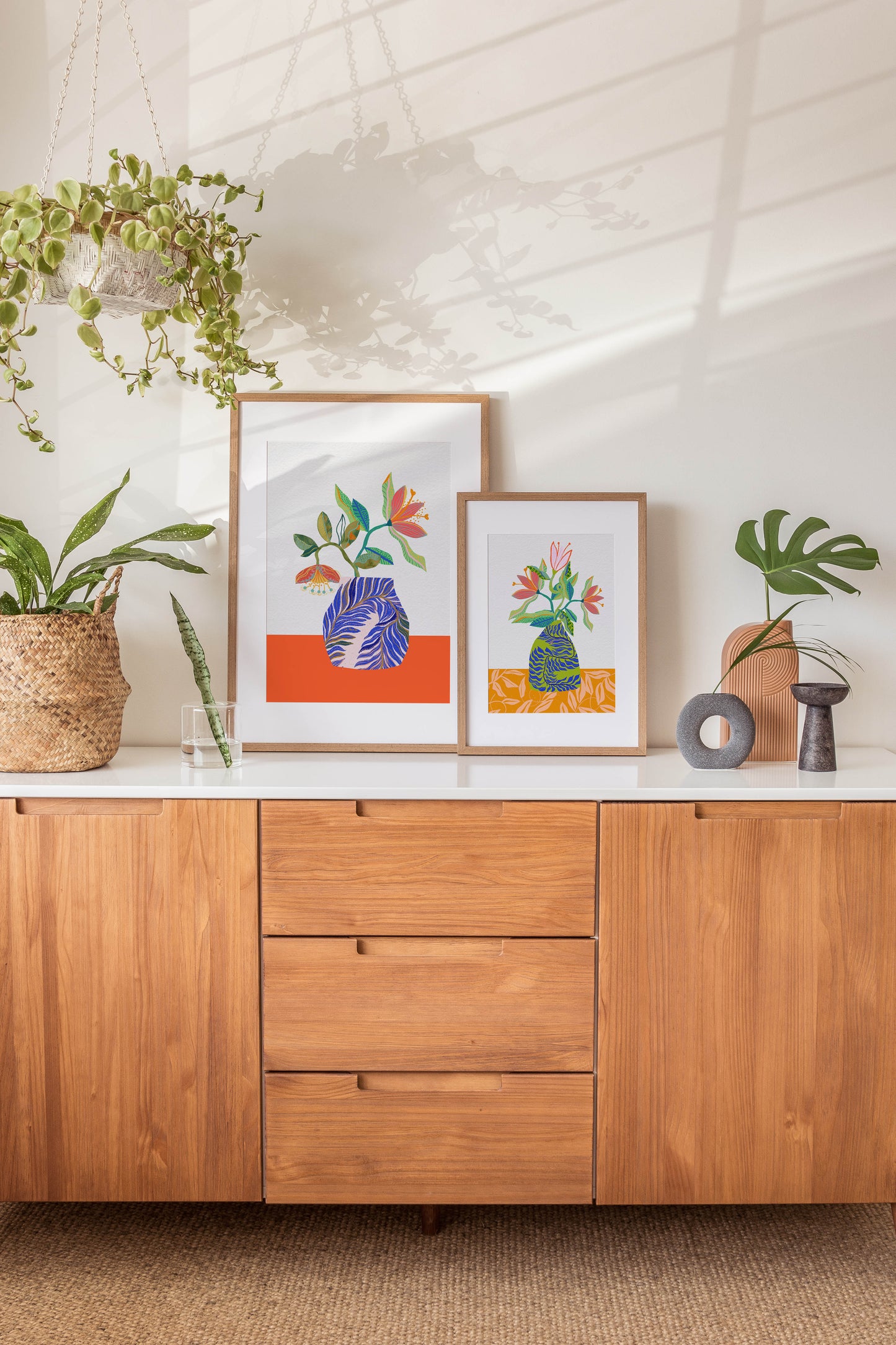 Flower Bouquet Art Print - Botanical Inspired Art, Orange and Blue Wall Art, Cubicle Decor