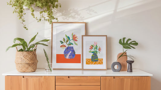 Flower Bouquet Art Print - Botanical Inspired Art, Orange and Blue Wall Art, Cubicle Decor - VIOLETREDSTUDIO