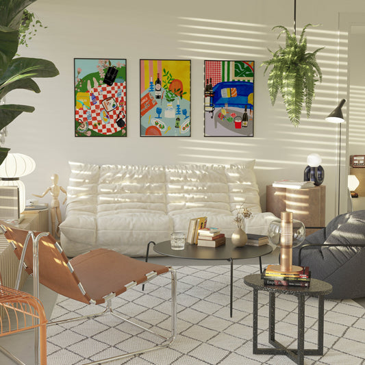Vibrant art print of a red checkered picnic blanket with an Igloo cooler, Uno cards, wine, and fruit. Bold summer-themed wall decor.