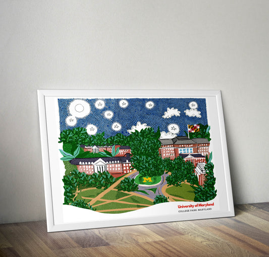 University of Maryland College Park Campus Landmark Art Print - Dorm Room Wall Decor for UMD Terps - VIOLETREDSTUDIO