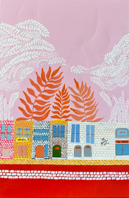 “Life Goes On” – Original Mixed Media Cityscape on Canvas ( 36x24")