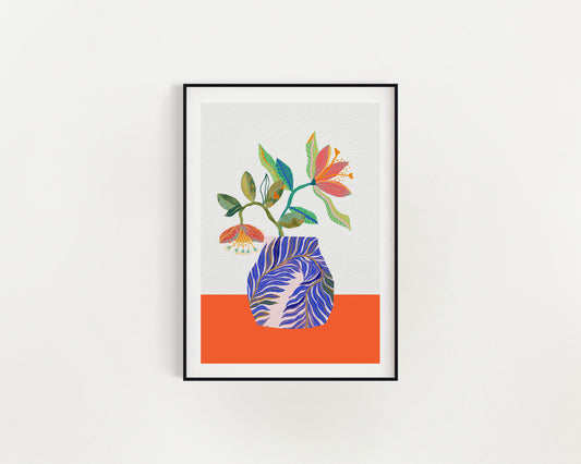 Flower Bouquet Art Print - Botanical Inspired Art, Orange and Blue Wall Art, Cubicle Decor - VIOLETREDSTUDIO