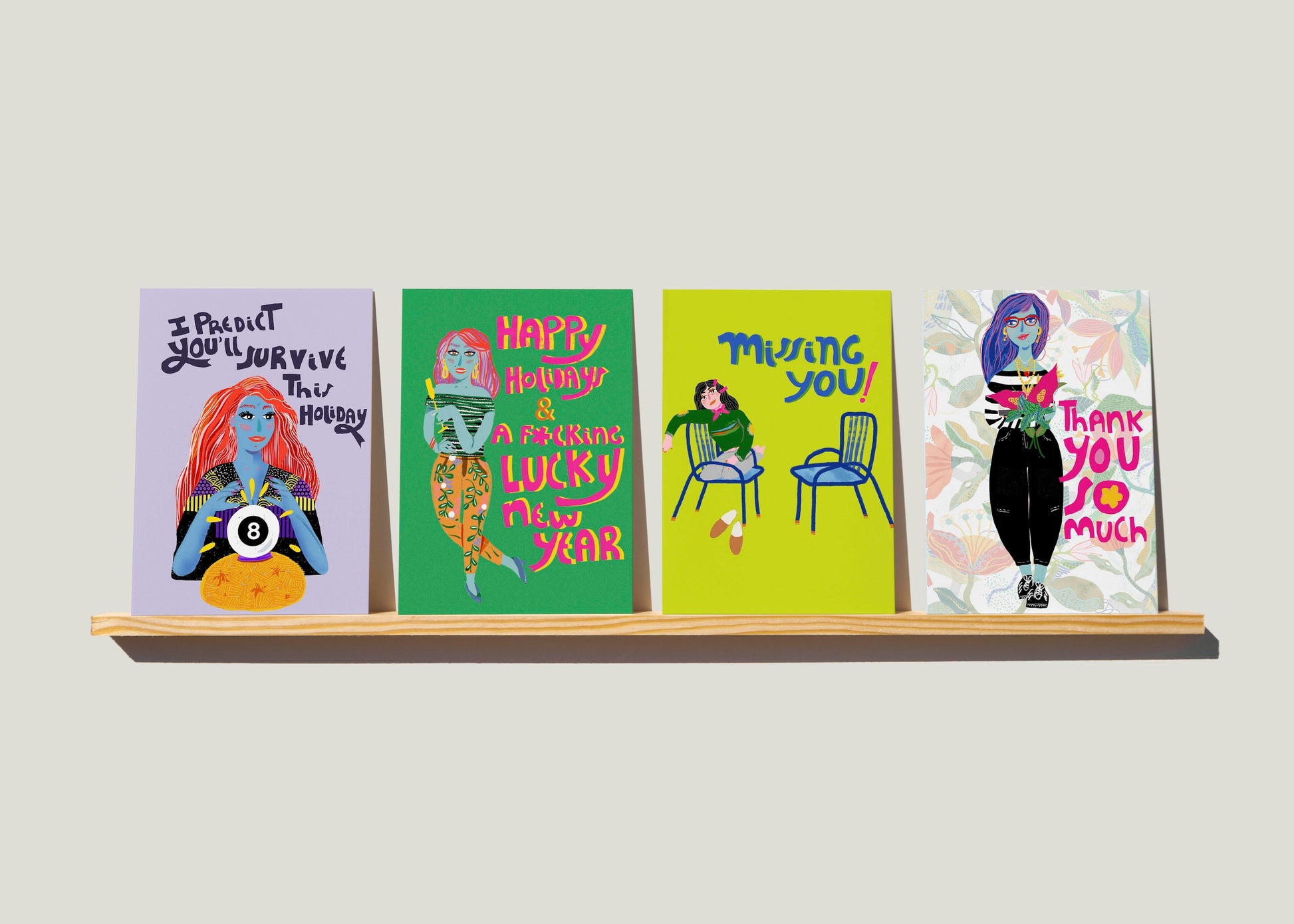 set of four unique and fun greeting cards