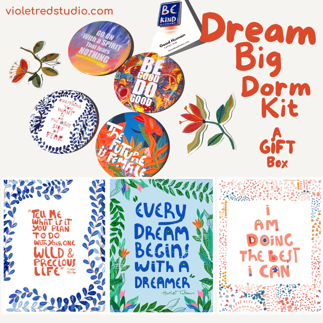 Dorm Room Gift Box – 3 Motivational Prints + 4 Magnets & Pin | Dream Big Kit for Students | Empowering College Decor