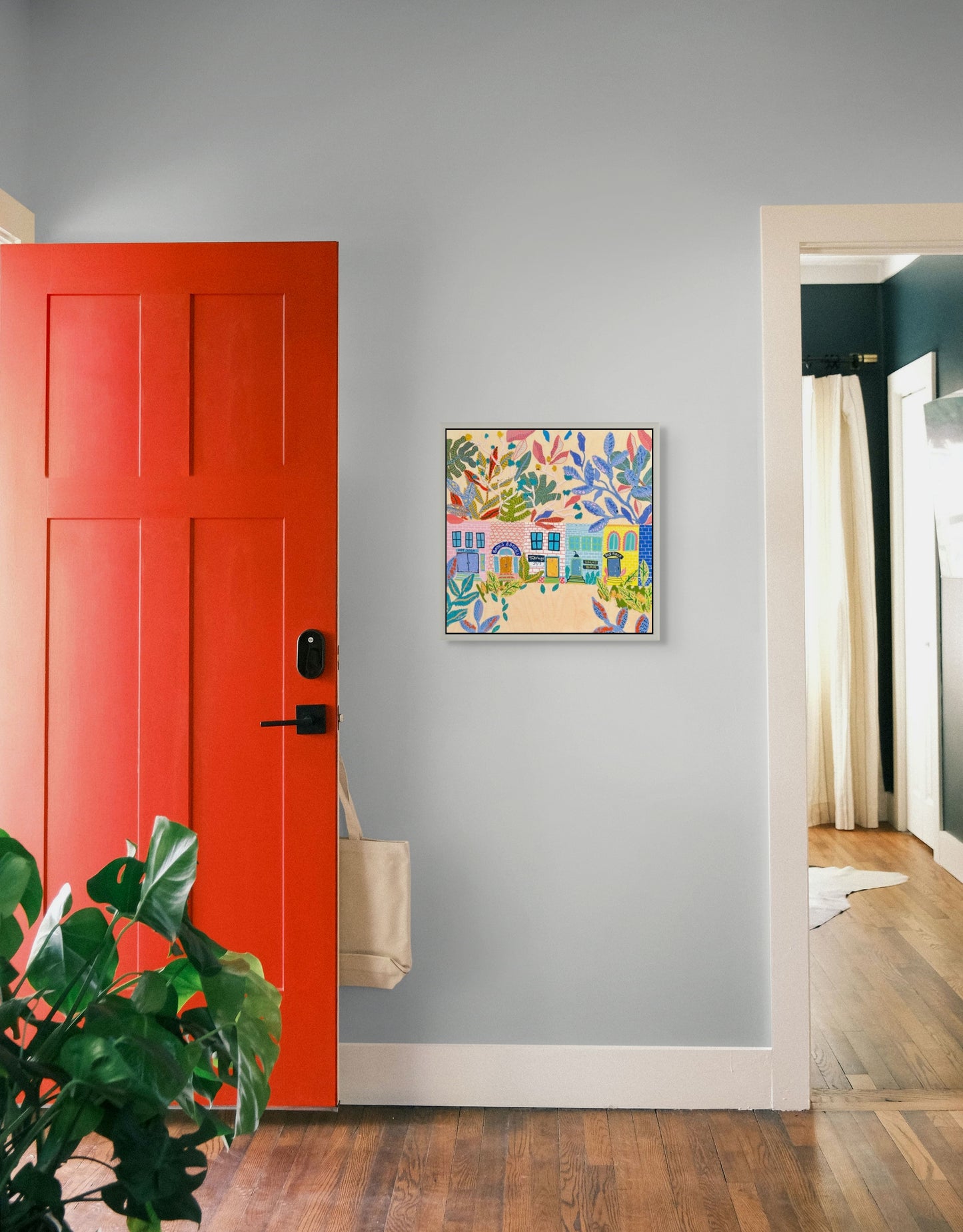 “Books & Botanicals” – Original Mixed Media Cityscape on Wood Panel (18x18)