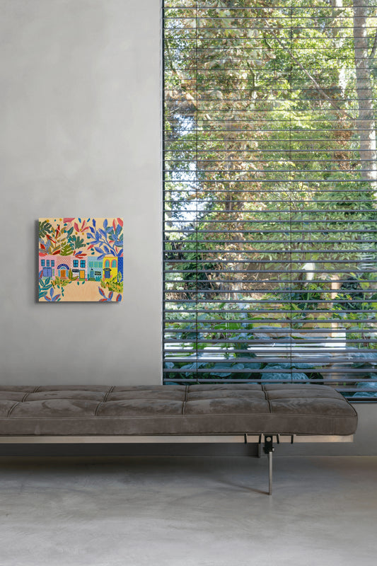 “Books & Botanicals” – Original Mixed Media Cityscape on Wood Panel (18x18)