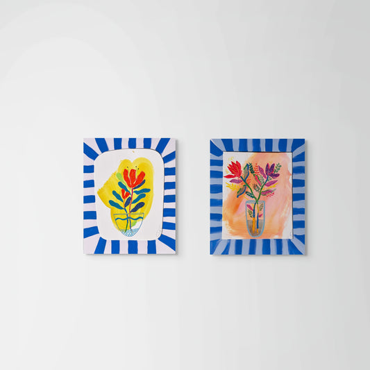 Set of 2 Original Mixed Media Floral Artworks – 11x14” with Hand-Painted Blue Striped Mats