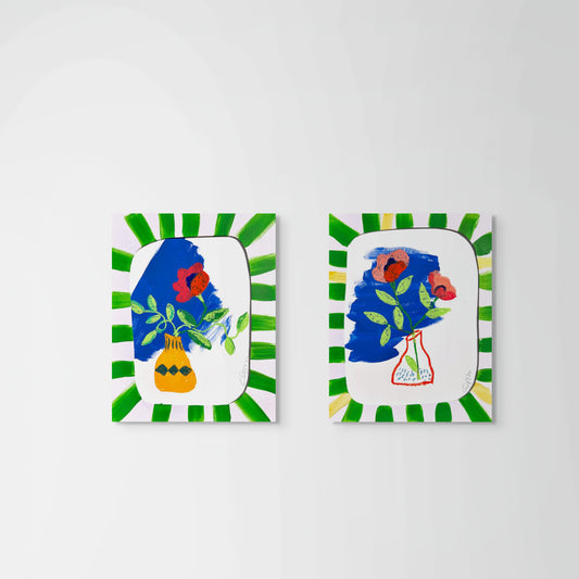 Set of 2 Original Mixed Media Floral Artworks – 11x14” with Hand-Painted Green Striped Mats