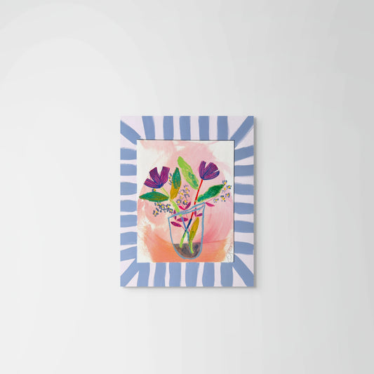 Original Mixed Media Floral Art – 11x14” on Paper with Hand-Painted Mat (Pink & Blue)