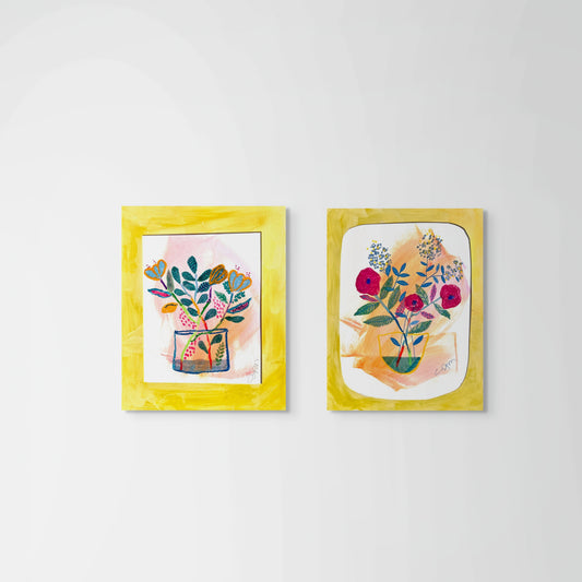 Set of 2 Original Mixed Media Floral Artworks – 11x14” on Paper with Hand-Painted Mats