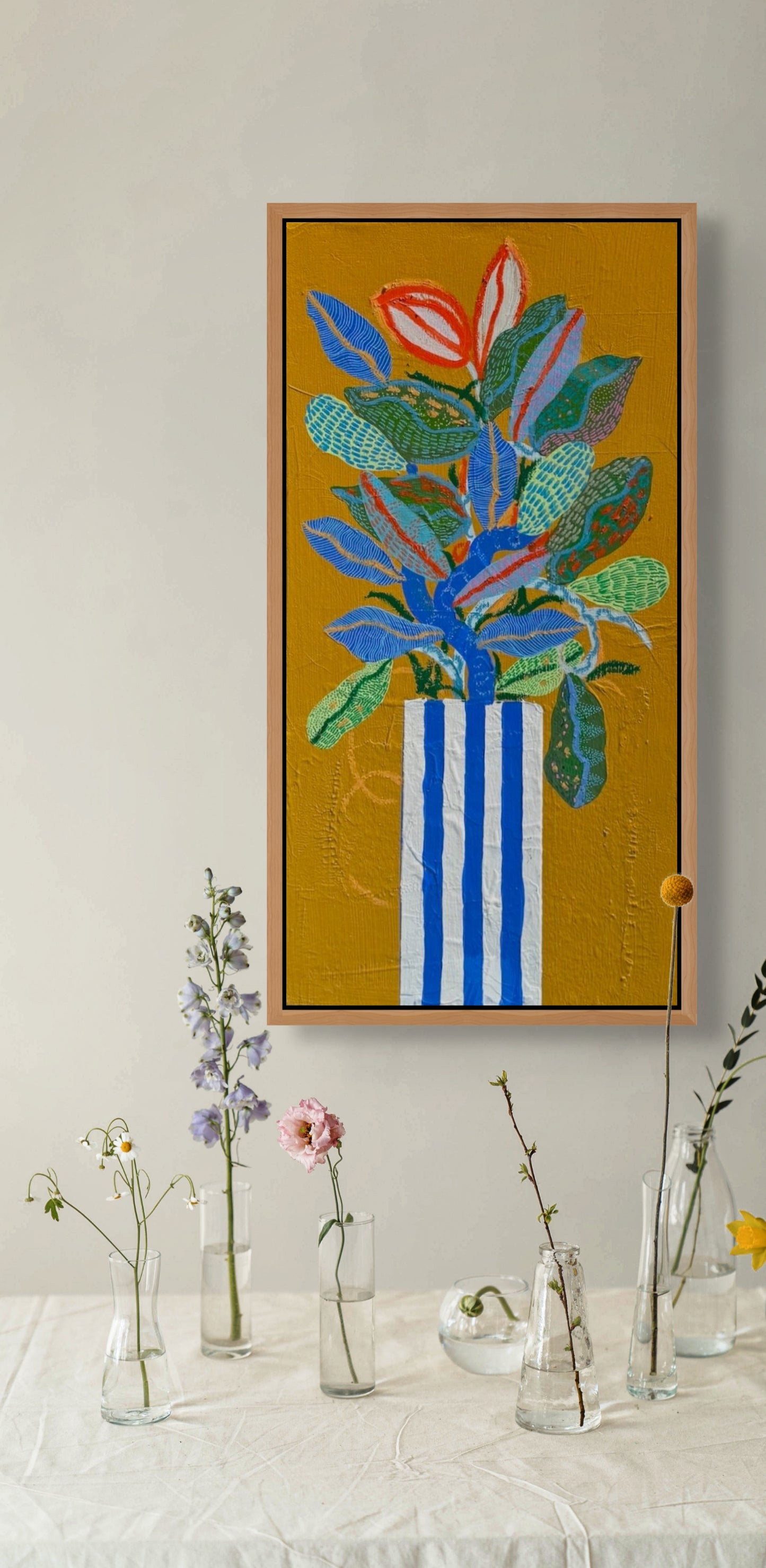 “Striped Vase, Full Heart” – Original Mixed Media Painting on Canvas ( 20x 10")