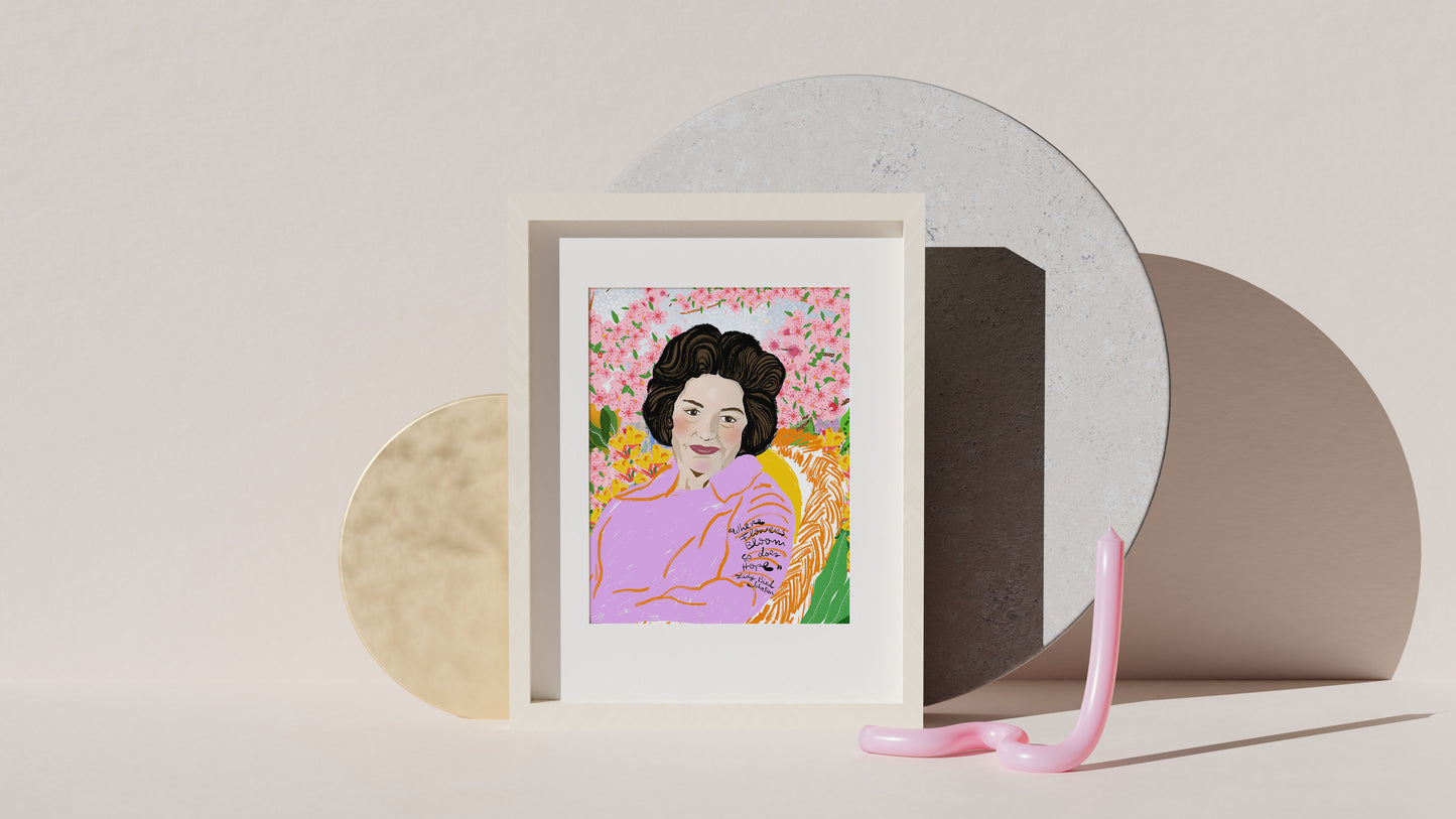 Lady Bird Johnson Art Print – First Lady Portrait Wall Art, Nature Lover Illustration, Inspirational Public Service Decor
