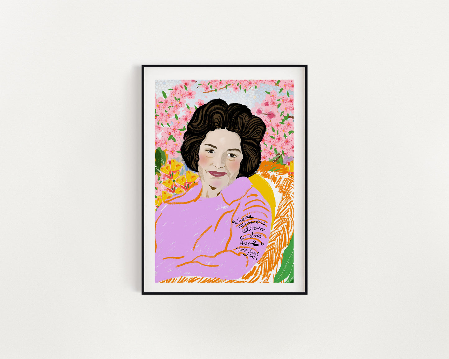 Lady Bird Johnson Art Print – First Lady Portrait Wall Art, Nature Lover Illustration, Inspirational Public Service Decor