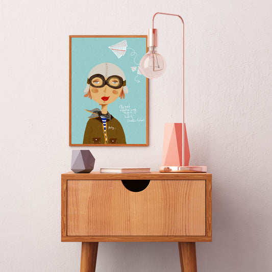 Amelia Earhart Cartoon Print, Girl Power Print, Novelty Wall Art, Feminist Nursery Decor - VIOLETREDSTUDIO