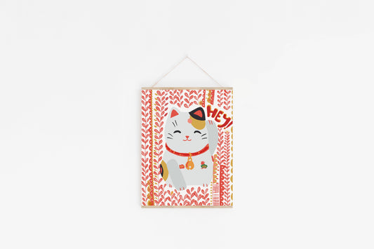 Maneki Neko Art Print-Lucky Cat- Fun Cubicle Decor - VIOLETREDSTUDIO