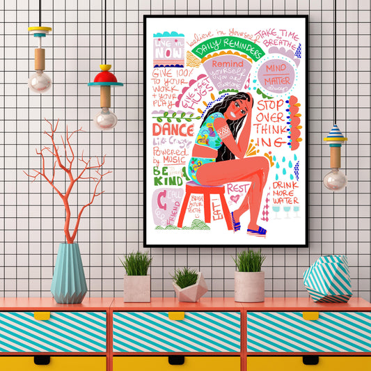 GIRL THINKING ART-Young Adult Art-Office Decor Art-Feminist Poster-Inspirational Decore For Her-Colorful Print Posters-Modern Wall Decor - VIOLETREDSTUDIO