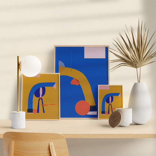 Mediterranean Art print, Mid Century Decor, Blue Abstract, Ochre Yellow and Blue - VIOLETREDSTUDIO
