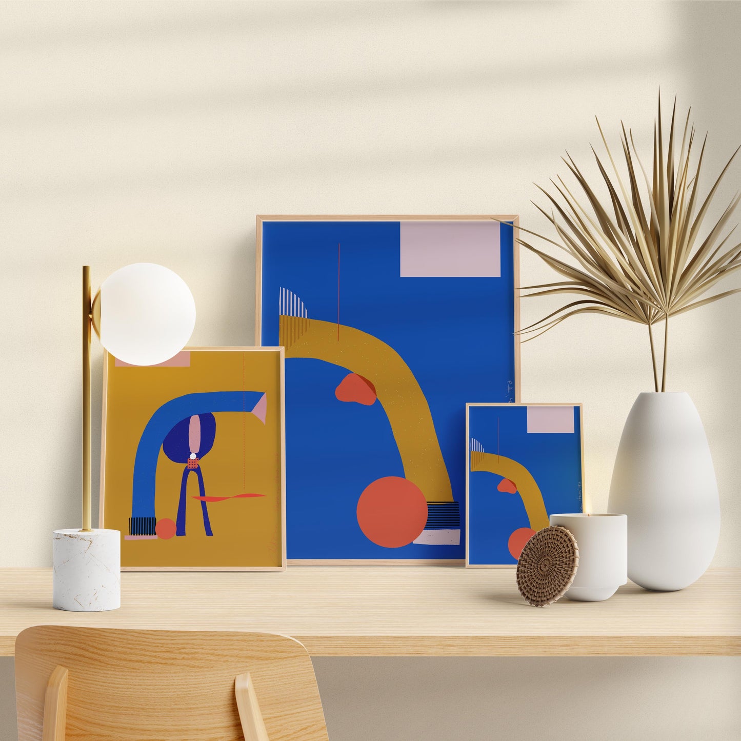 Mediterranean Art print, Mid Century Decor, Blue Abstract, Ochre Yellow and Blue - VIOLETREDSTUDIO