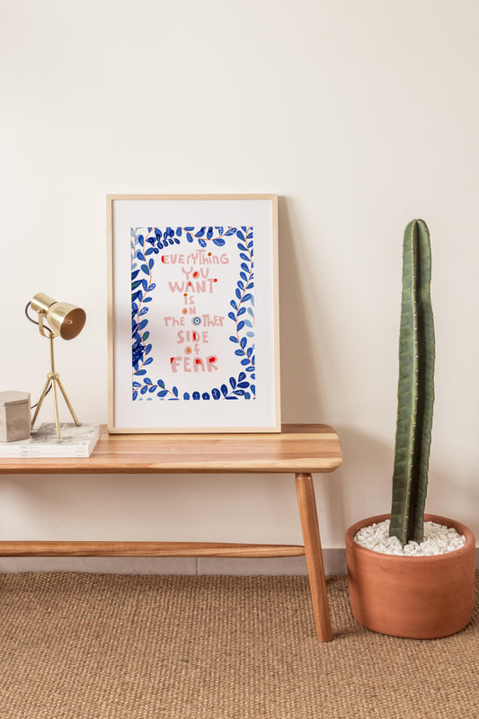 Everything you want if on the Other Side of Fear Quote Art Print, Cubicle Decor for the Adventurous Girl - VIOLETREDSTUDIO